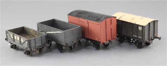 An NE 7 plank opn wagon 12T, no.6354, an LNER 7 plank open wagon 12T, a box van, 12T,